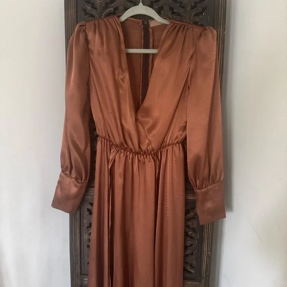 Long Sleeve V-Neck Satin Maxi Dress in Rust - Picture 2 of 8